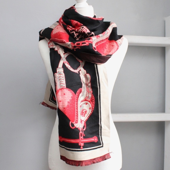 Accessories - Elegant Luxury Women's Fashion Black Red Horse Link Wrap Rectangle Scarf​